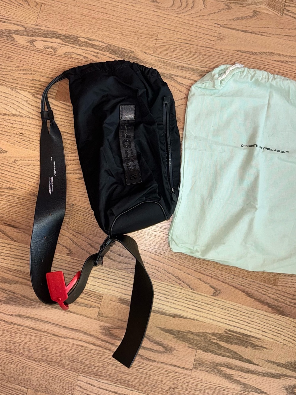 Off-White c/o Virgil Abloh Black Drawstring Sling Bag Leather Strap Zip Tie
